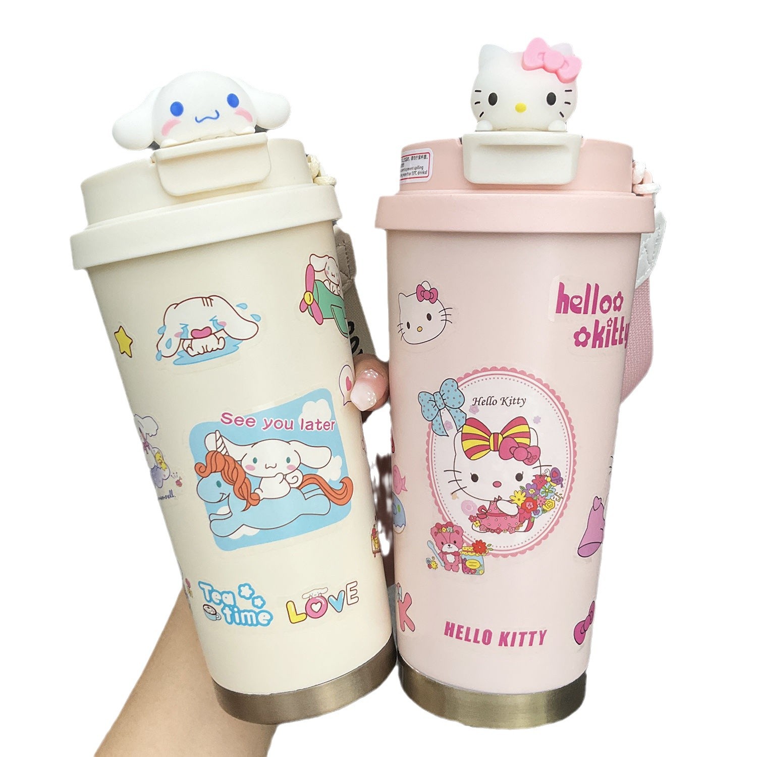 316不锈钢保温杯韩系高颜值卡通kt吸管咖啡杯大容量双饮水杯跨境白底实物图