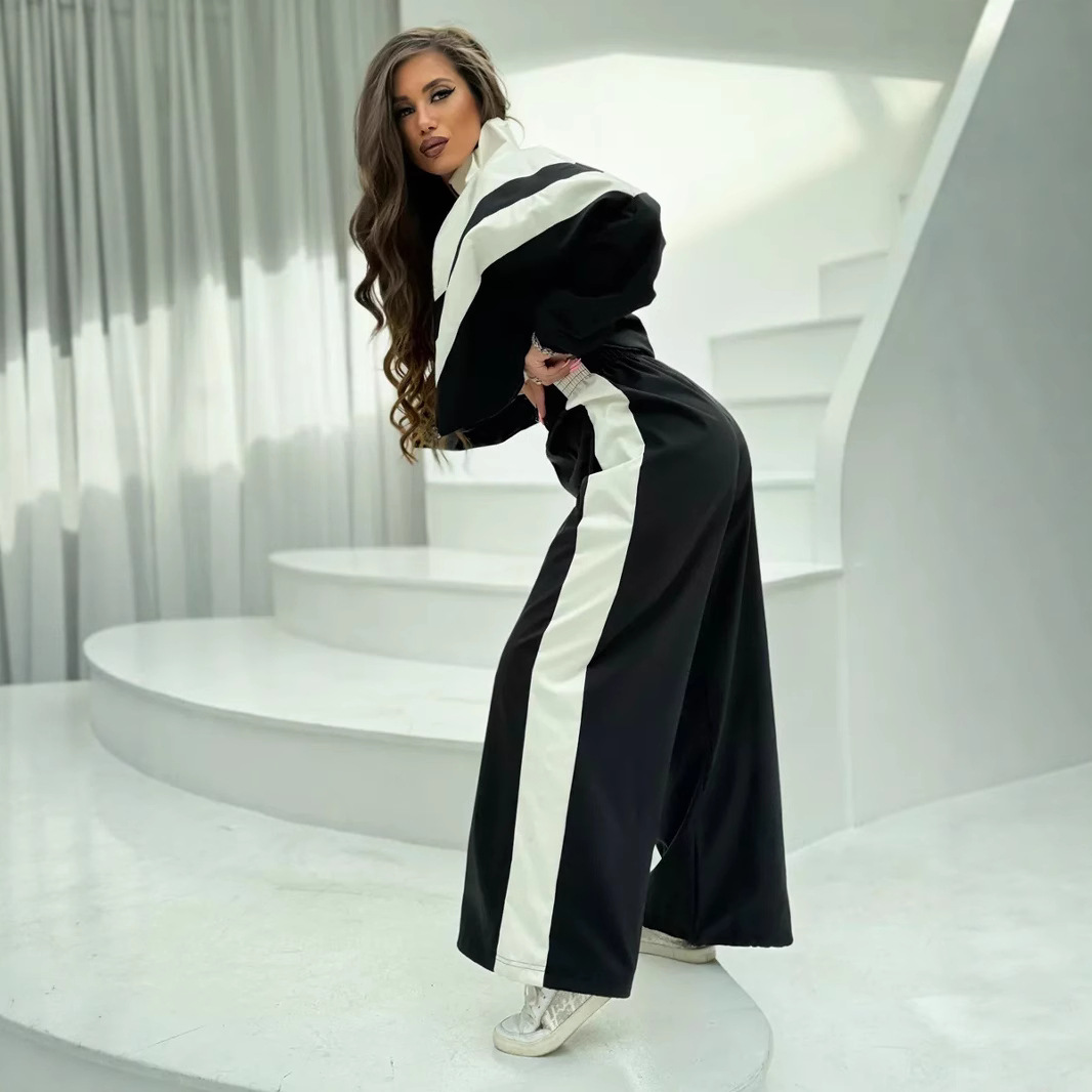European and American women's casual suit, fashionable loose patchwork long-sleeved zipper cardigan, color-blocking top and long pants sportswear set Application Scenario