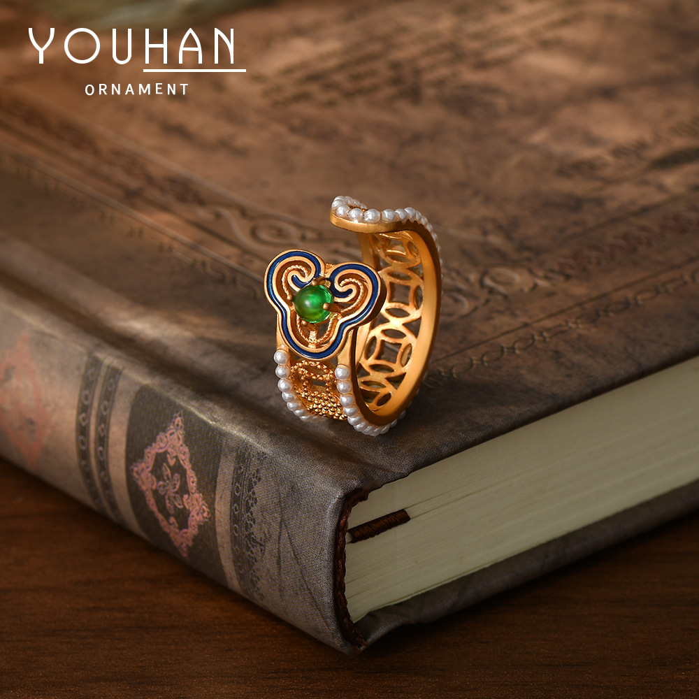 抖音直播热卖新中式滴油珐琅开口戒指女高级感珍珠指环轻奢食指戒