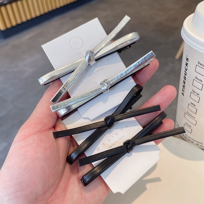 Leather bow hair clips for women, simple ins, black, sweet and cool side clips, bangs clips, side clips, hair accessories and headwear details Picture