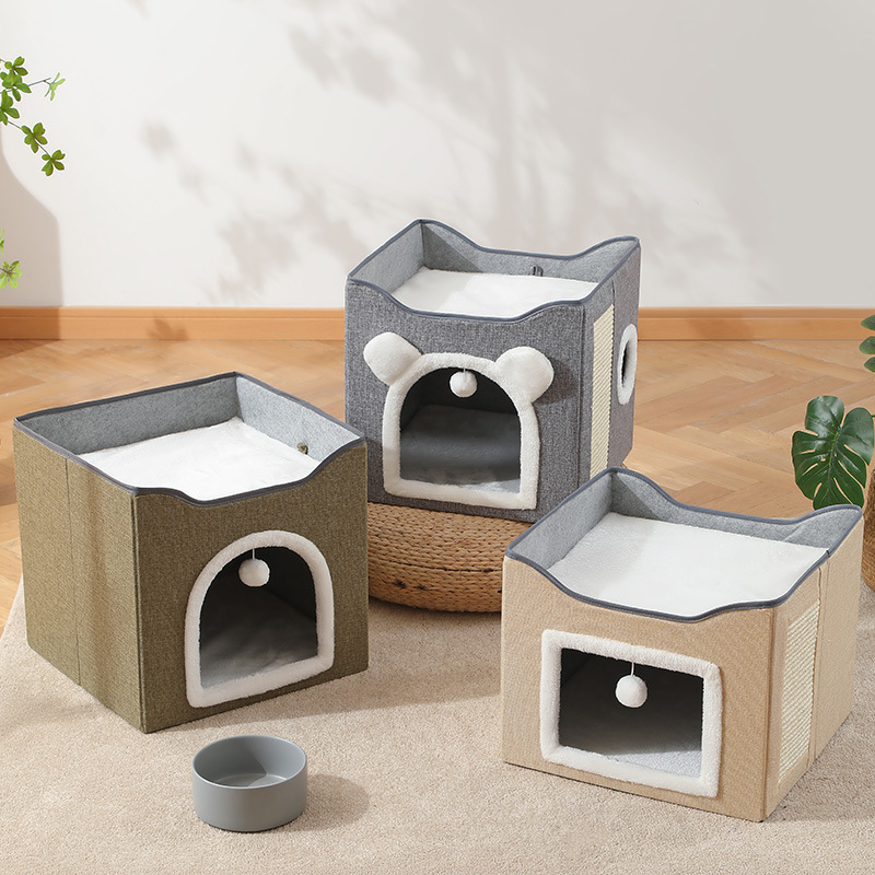 Cross-border semi-enclosed sisal foldable double-door three-layer cat bed, multi-functional double-layer cat scratch board, cat claw grinding house details Picture