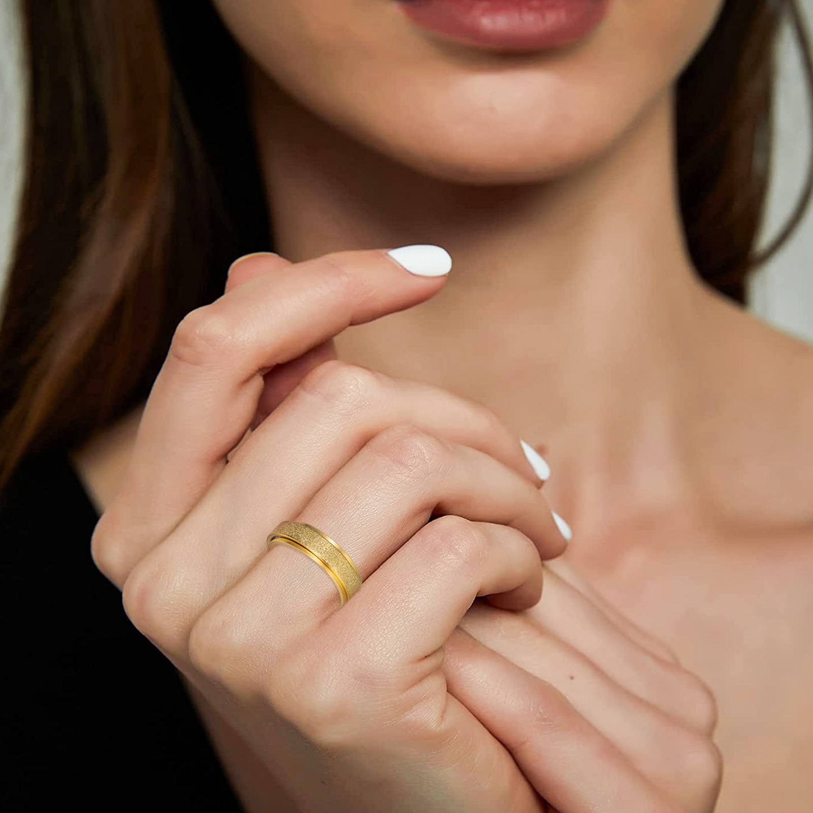 New cross-border stainless steel frosted rotating pressure-relieving fashionable ins style trendy accessory couple ring set details Picture