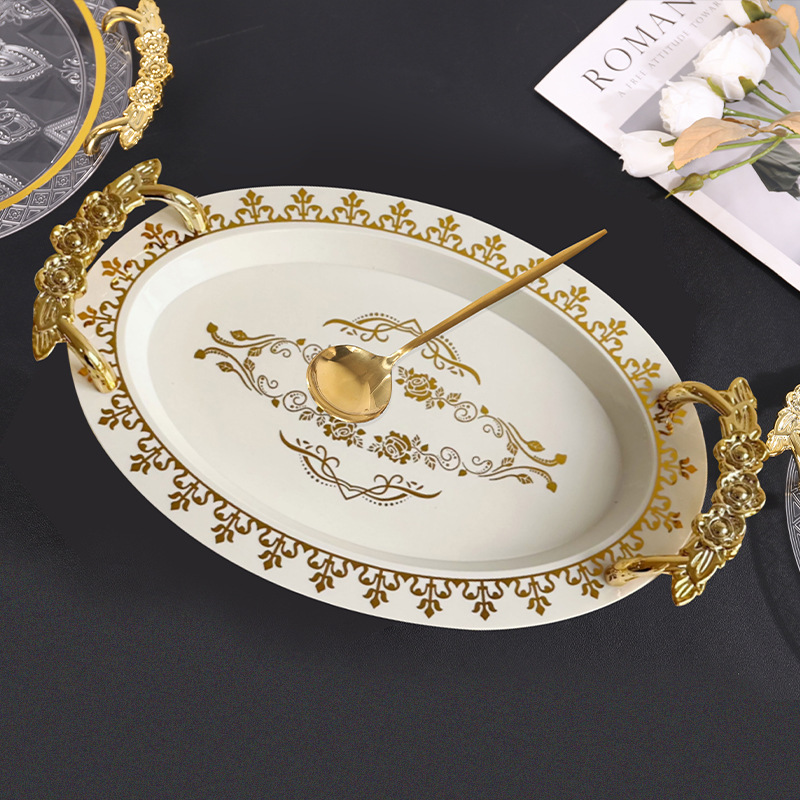 Platinum elliptical tray, cross-border e-commerce, Nordic light luxury style fruit plate, tea plate, pastry plate, hotel banquet water cup plate details Picture
