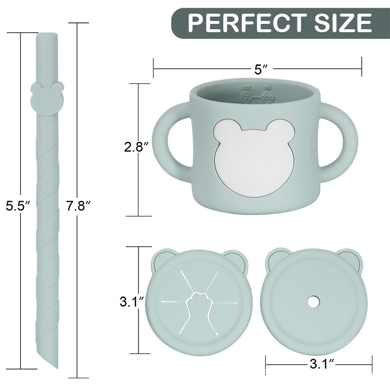 Children's silicone straw cups, baby snack cups, learning drinking water cups, complementary food bottles wholesale, children's cat paw waterproof cups details Picture