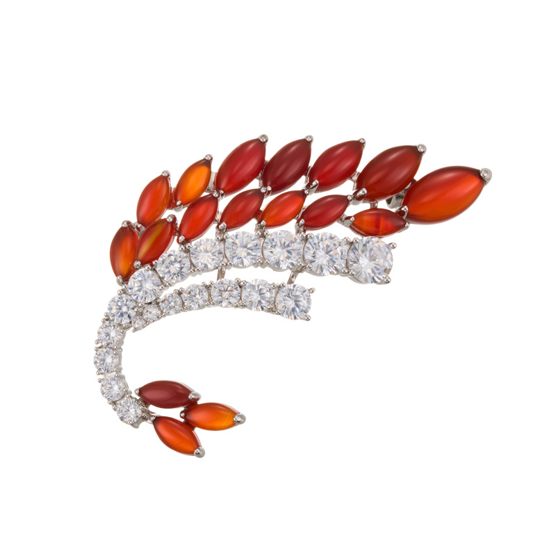 A new women's brooch with a high-end Chinese style, featuring a flame red feather brooch made of copper alloy and set with zircon, red agate and green chalcedony Item Picture