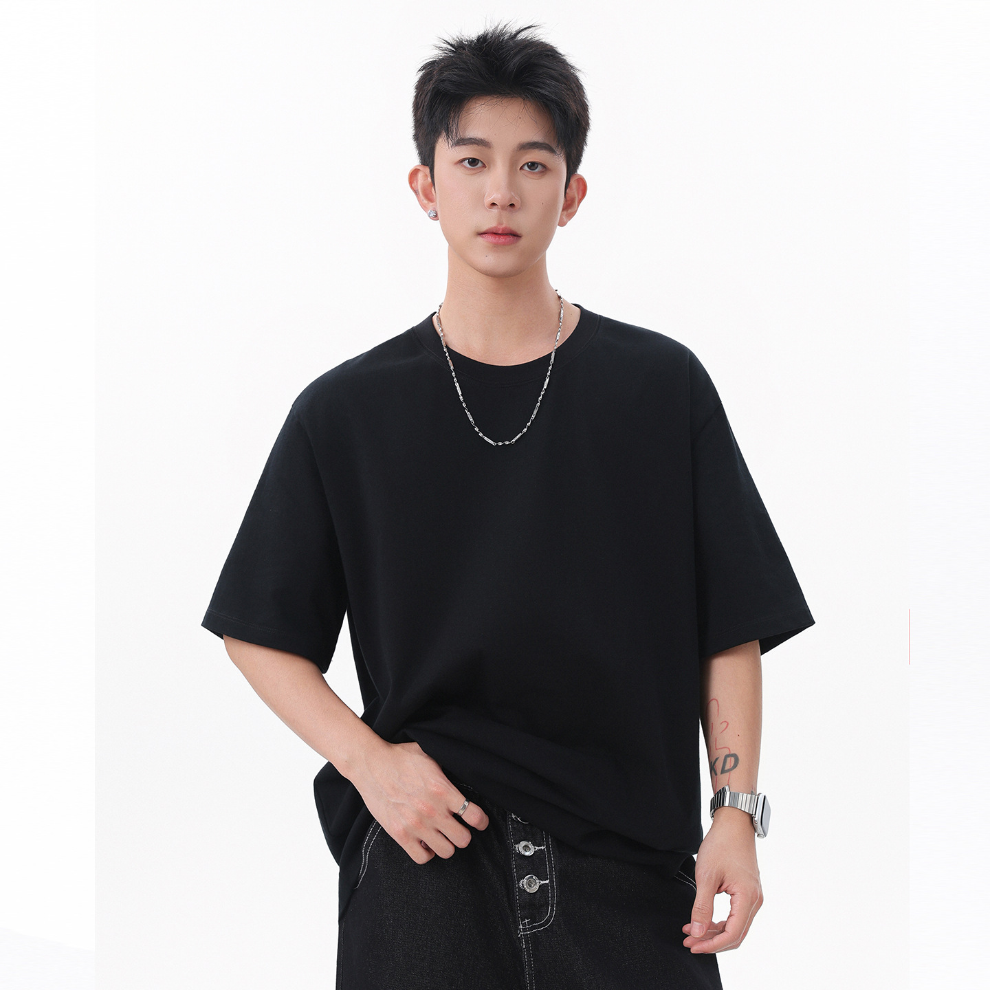 Short-sleeved men's T-shirt, summer pure cotton thin men's wear, 2025 new solid color loose round-neck half-sleeved men's base layer details Picture