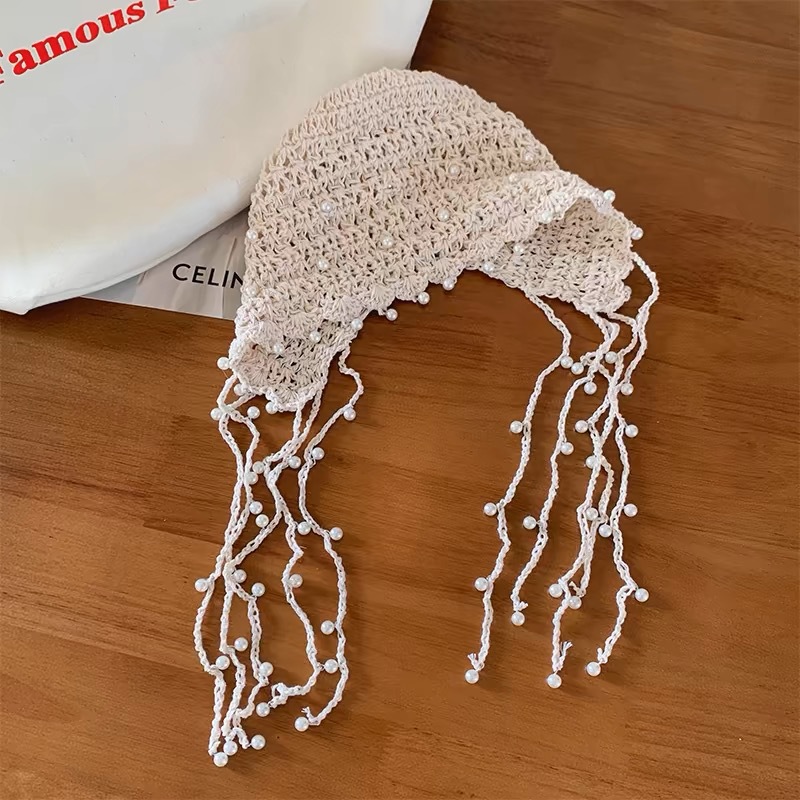 Sombrero primavera verano mujer handmade sombrero sombrero de punto estilo Y2K moda calado coreano versión coreana pearl flecos sombrero Specification image