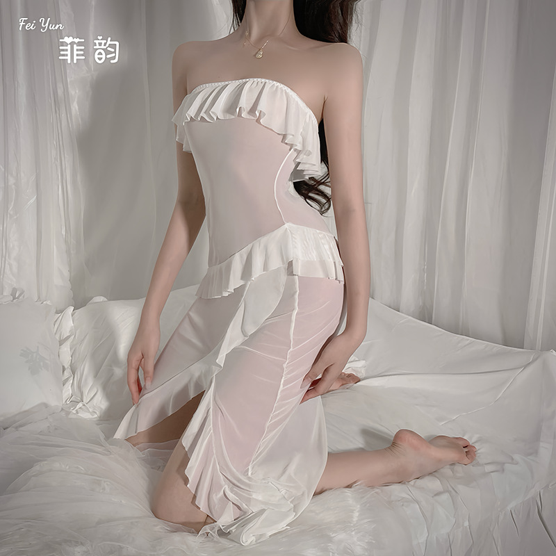 New trendy style tulle halter dress in solid color, one-shoulder, rolled-up, see-through, slanted slit, seductive and sexy sleeping dress 692 details Picture