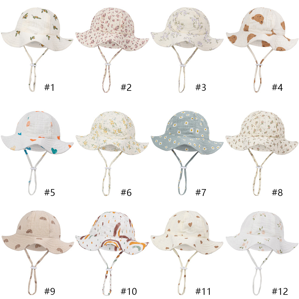 跨级新款婴儿纯棉盆帽欧美宝宝印花渔夫帽双层纱布透气遮阳渔天帽白底实物图