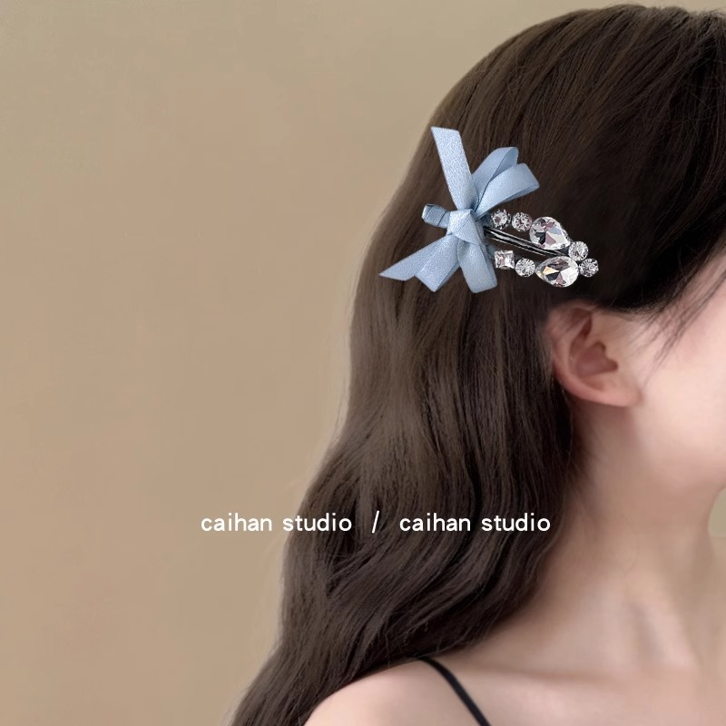 New Korean sweet ribbon bow, rhinestone duckbill hair clip, super fairy-like bangs clip, side clip hair accessory for women Specification image