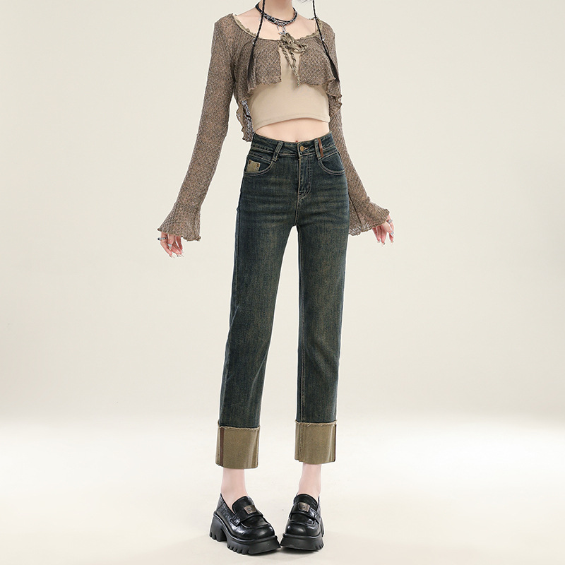 水泥灰卷边烟管牛仔裤女夏季2024新款高腰小个子九分法棍直筒裤子
