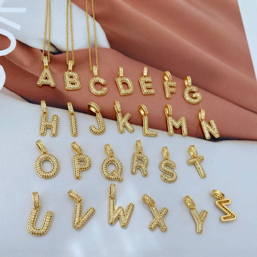 欧美跨境26英文字母吊坠单坠18k包金保色锆石项链坠子diy饰品配件详情1
