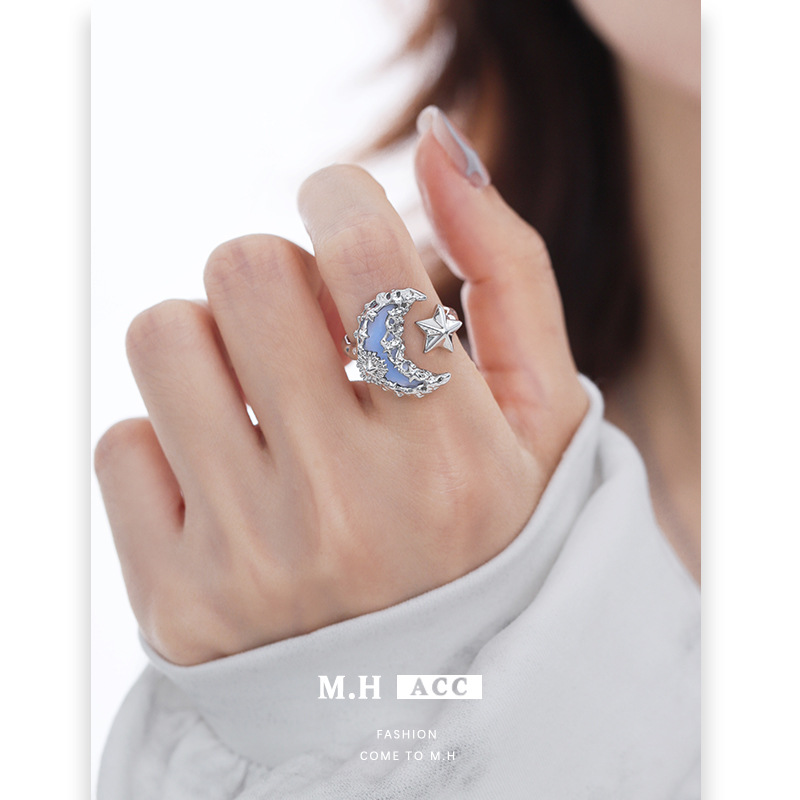 Original lava blue moon ring for women, a niche design with a light luxury and high-end feel, unique and individual index finger ring details Picture
