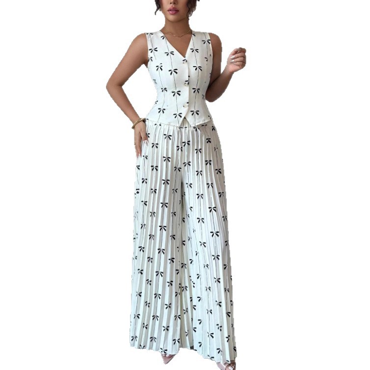 Cross-border printed waistcoat top, folded long pants set Item Picture