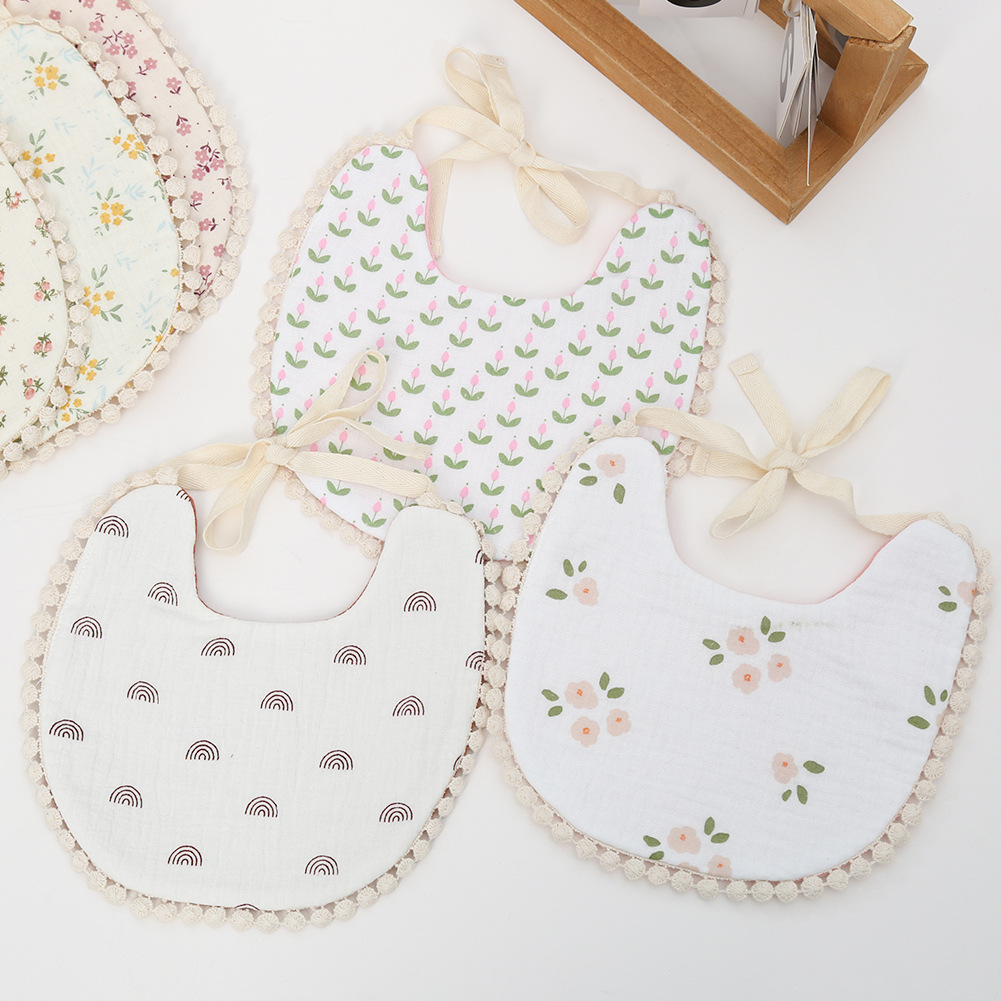 跨境新款宝宝围兜韩系小碎花儿童双面口水巾皱布棉婴幼儿系绳围嘴产品图