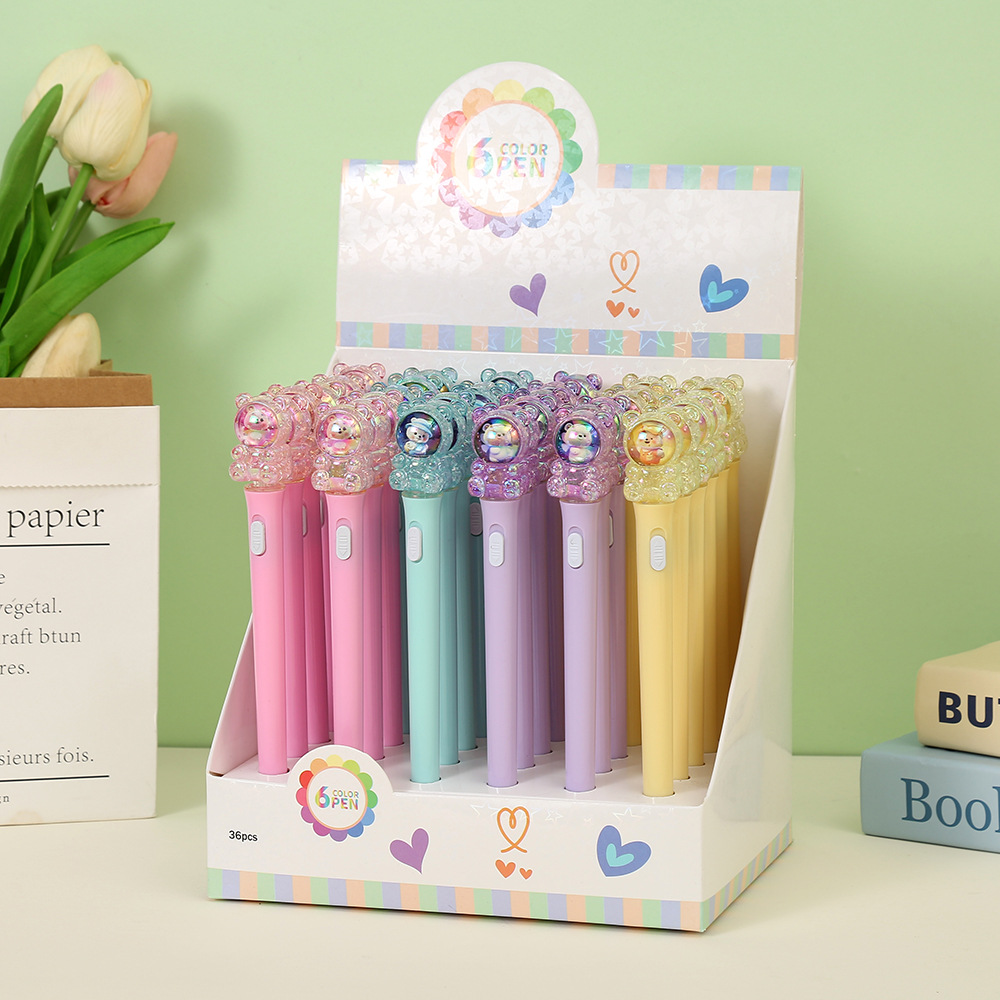 新款可爱小熊带灯中性笔纯色少女心插盖水笔学生办公文具笔批发