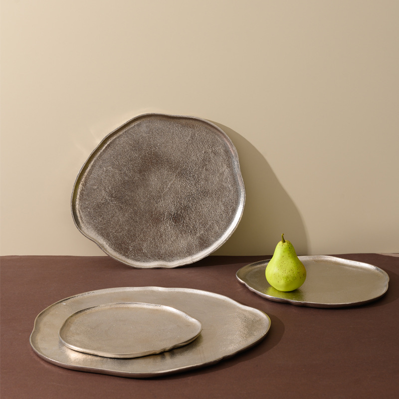 Indian imported aluminum silver irregular shallow-edge fruit plate, snack and nut storage tray, tea tray decoration