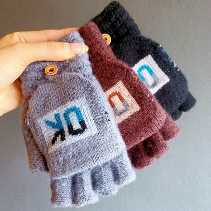 New Korean-style winter gloves, warm, cold-proof and frost-proof men's simple outdoor cycling half-finger flip cover writing gloves details Picture