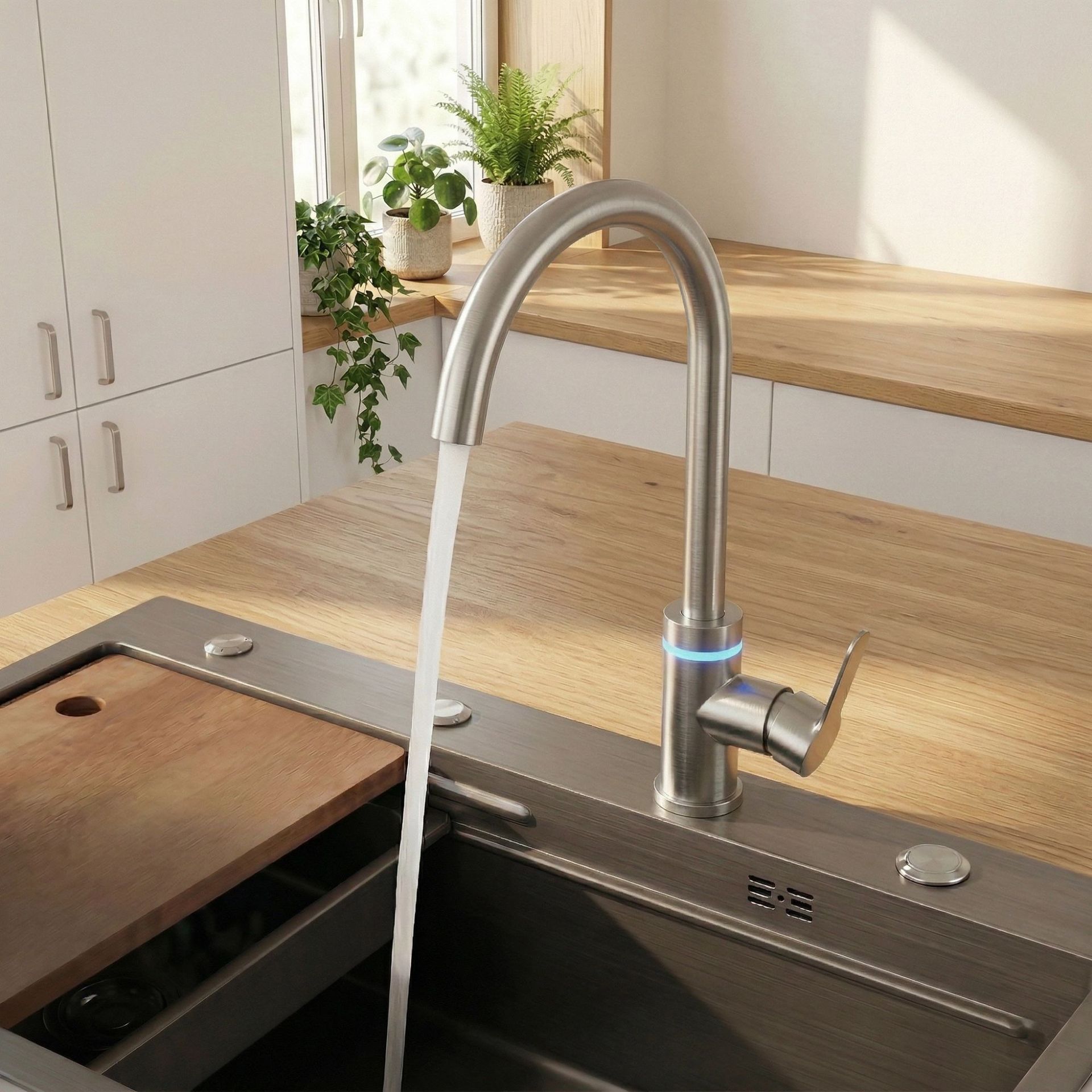 不锈钢厨房水龙头冷热水家用洗菜智能灯光水龙头水力发电全铜水槽