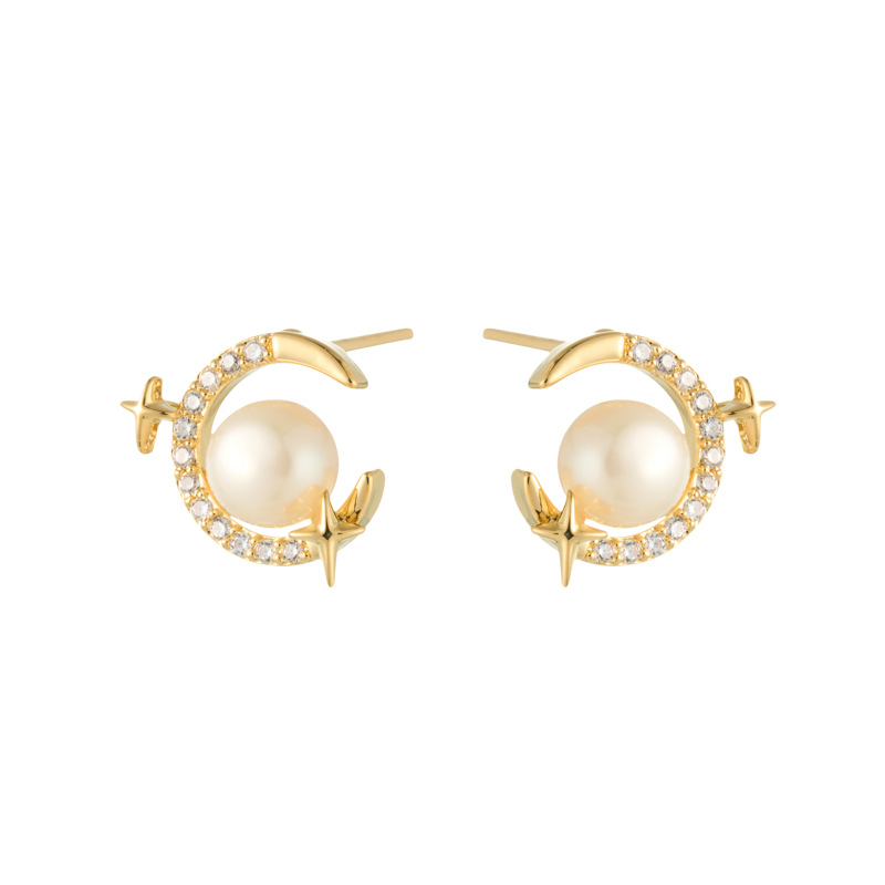 Dreamy and light luxury star and moon earrings, copper alloy, real gold electroplated, slightly inlaid zircon freshwater pearls, 925 silver needle women's earrings Item Picture
