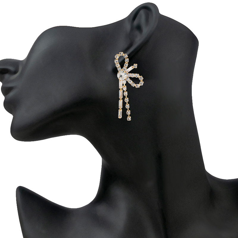 High-end and elegant bow zircon tassel earrings, European and American cross-border Korean style dress accessories, rhinestone earrings wholesale full figure