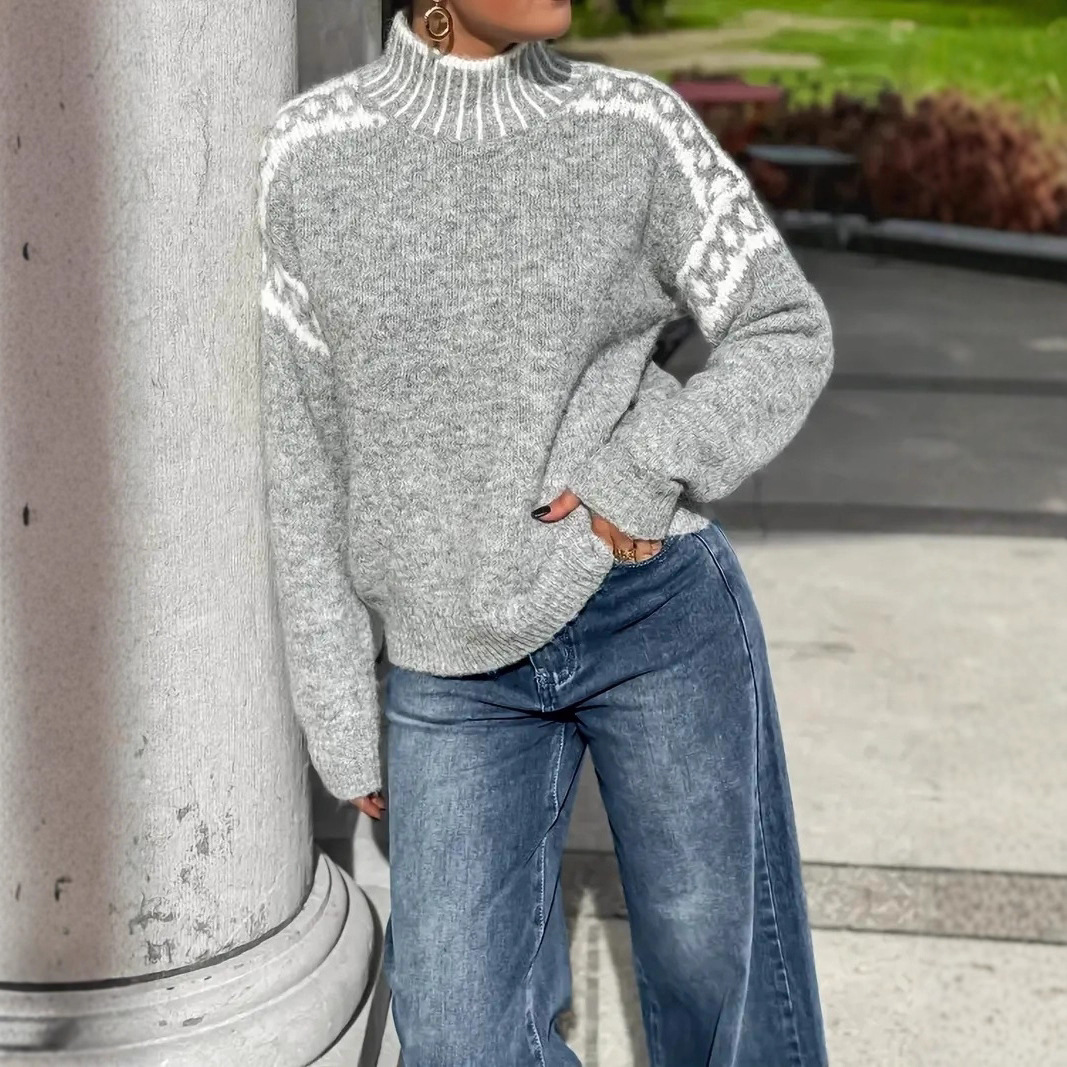 A new high-neck sweater for women from Europe and America, featuring a fashionable and casual style with a loose pattern and a pullover knitted sweater Specification drawing