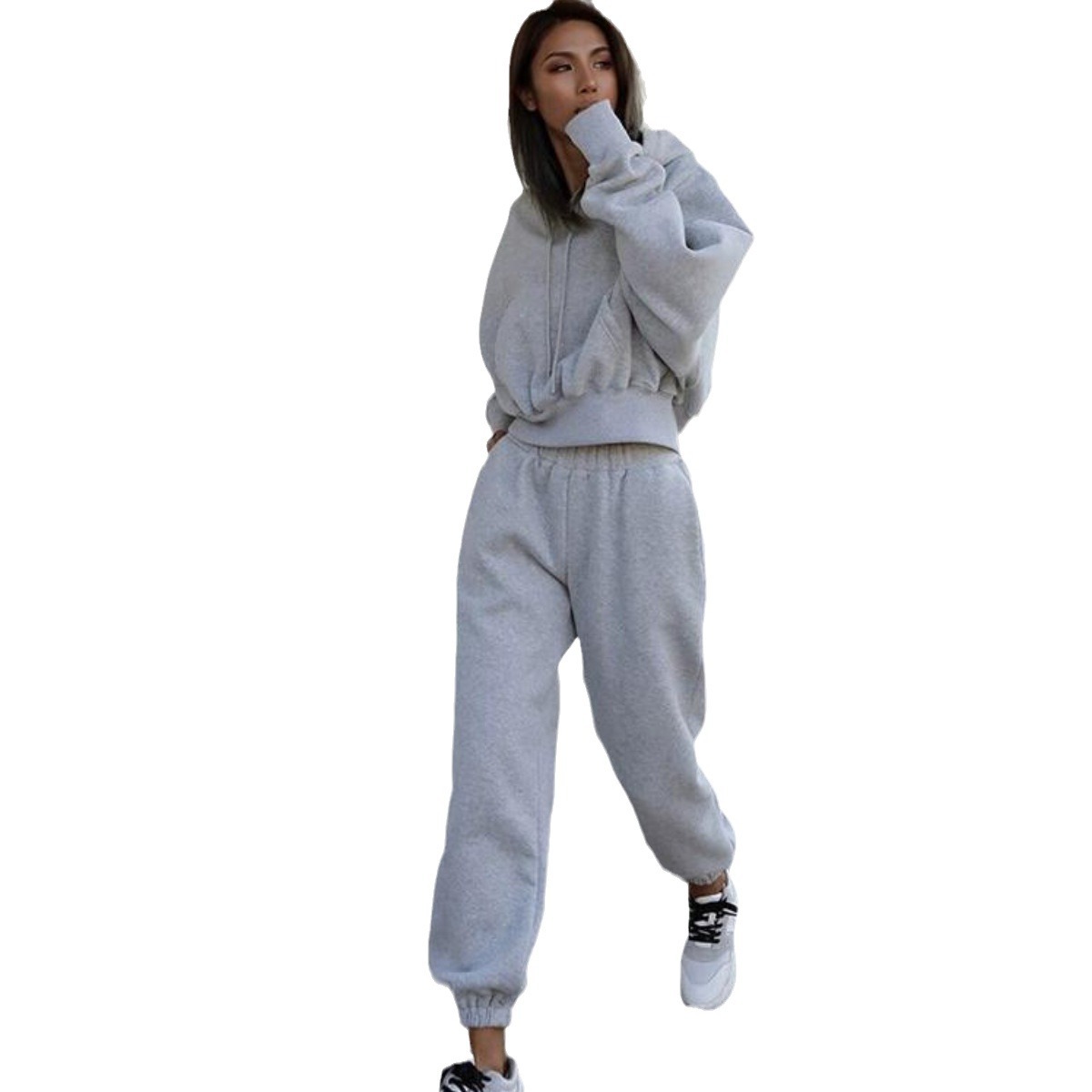 The 2023 autumn/winter Amazon European and American fashion solid-color long-sleeved hooded casual sweatshirt and sweatpants set is versatile and stylish Item Picture