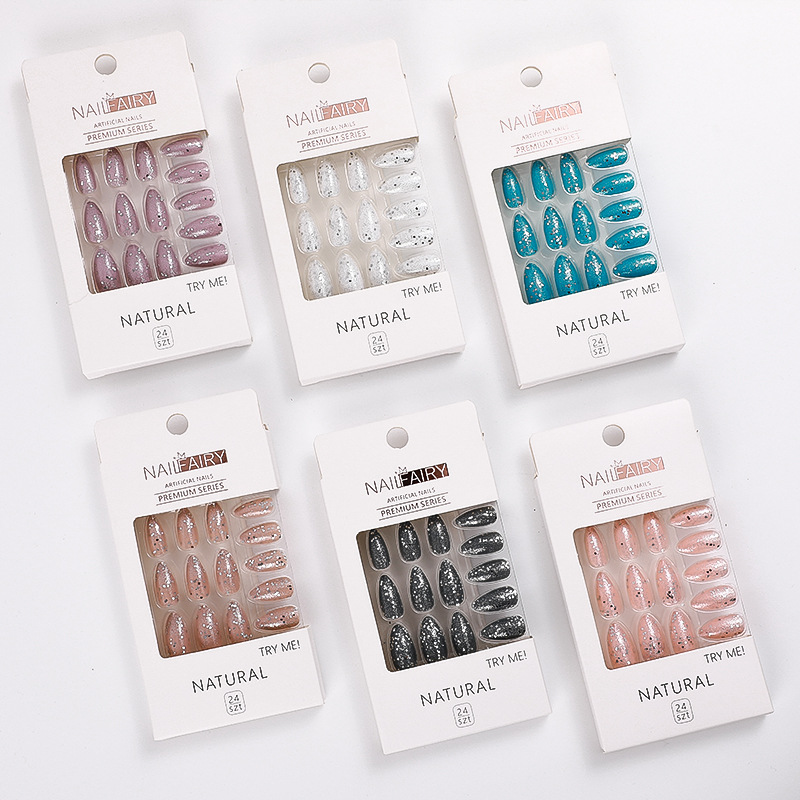 Wholesale of new cross-border glitter fake nails, pointed nails, detachable nail plates, patch nail art, sequined and fresh wearable nails details Picture