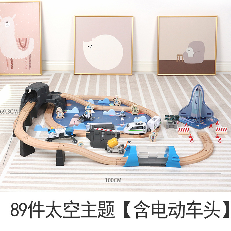 Wooden track car electric mini train set, wooden track children's educational assembly toy car, 2-year-old boy details Picture