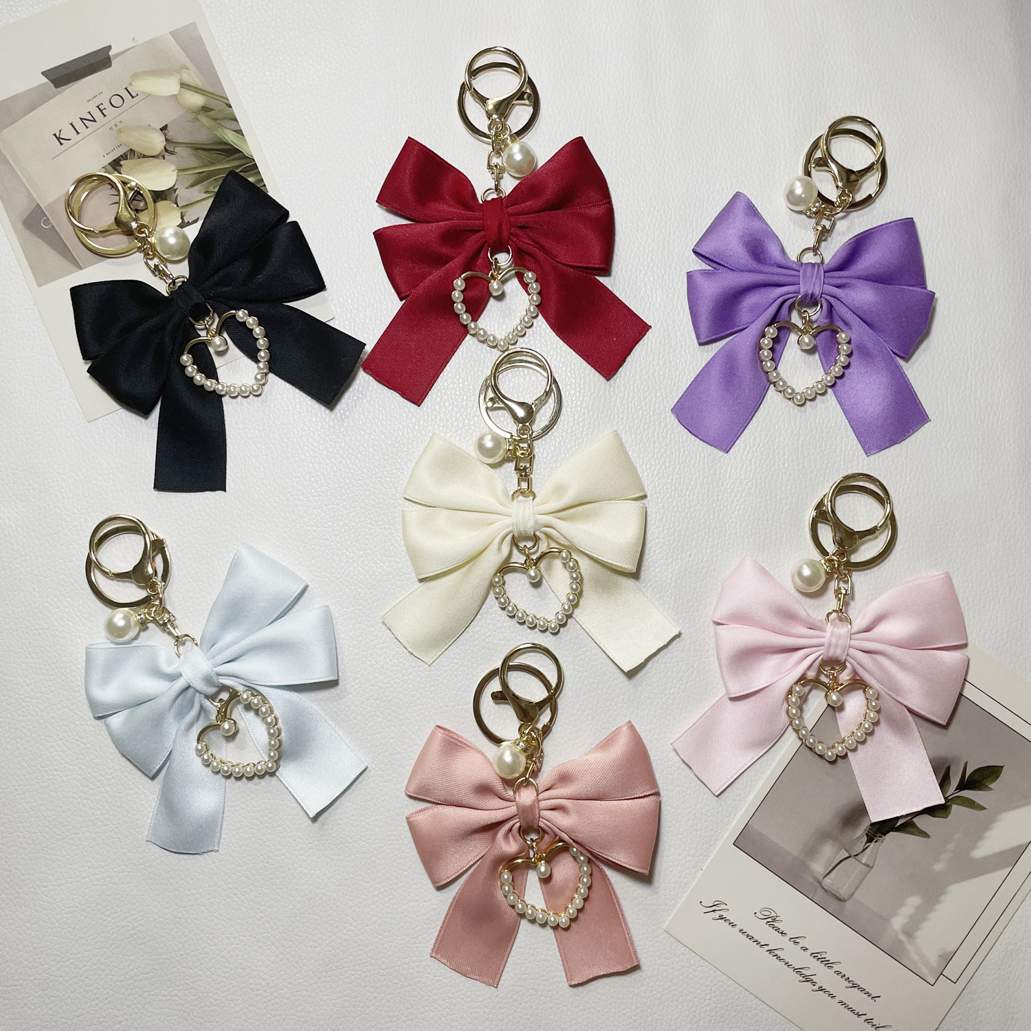 韩版珍珠丝带蝴蝶结爱心汽车钥匙扣挂件个性女包包装饰手提包挂饰                              细节图