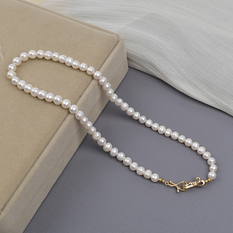 天然淡水珍珠项链女7mm近圆白色强光螺纹珍珠项链轻奢锁骨链颈链