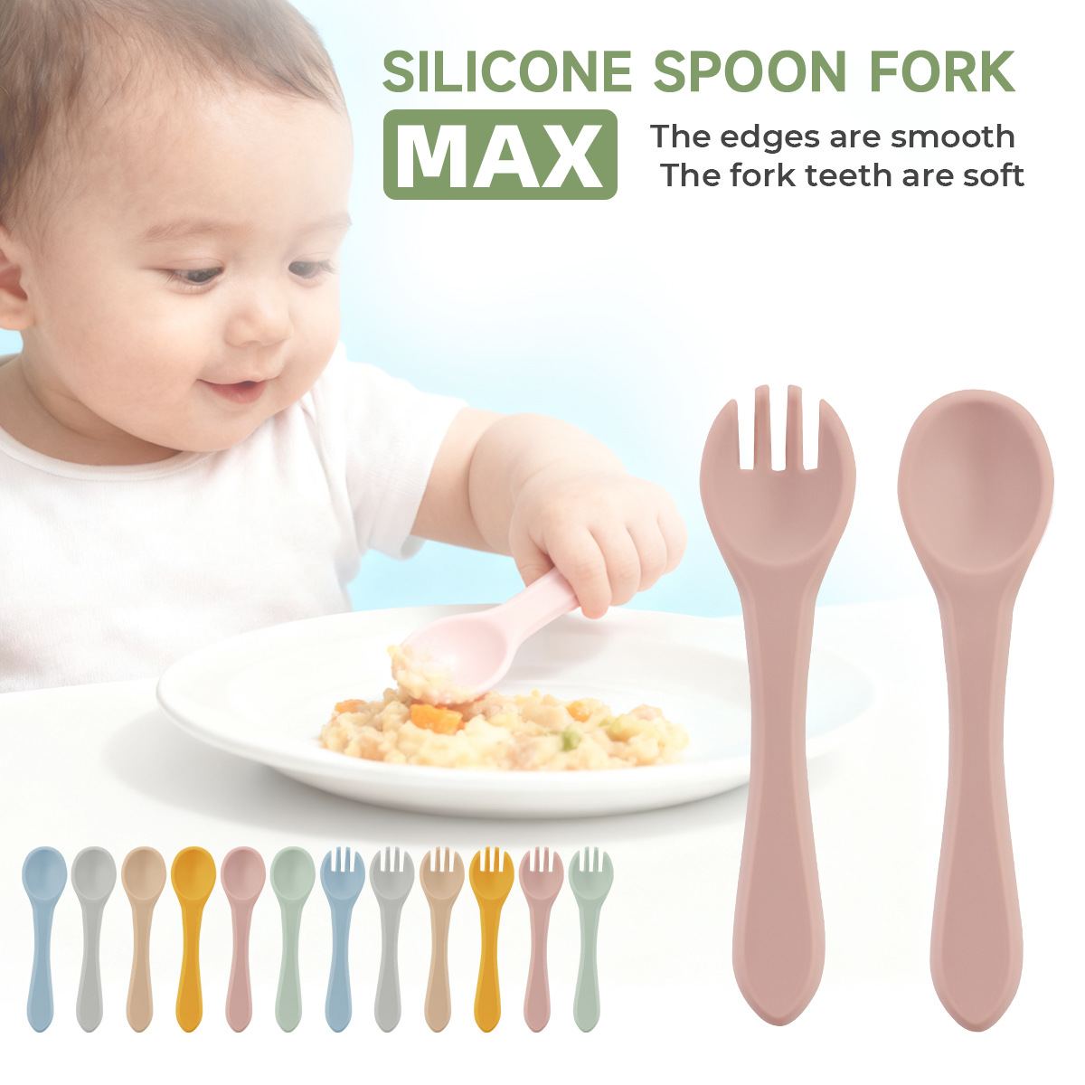 Silicone forks and spoons for children's food learning training, feeding spoons, shock-resistant and heat-insulating short-handled baby feeding and complementary food forks and spoons tableware Item Picture