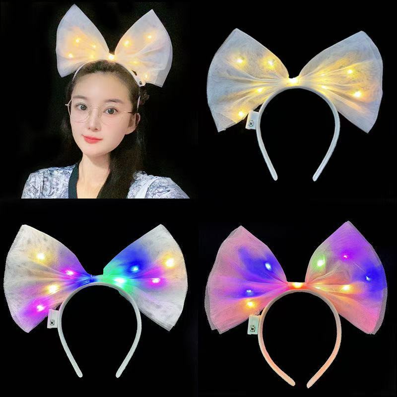 新款发光超大蝴蝶结发箍女法式个性布艺网纱夸张拍照写真闪光头箍