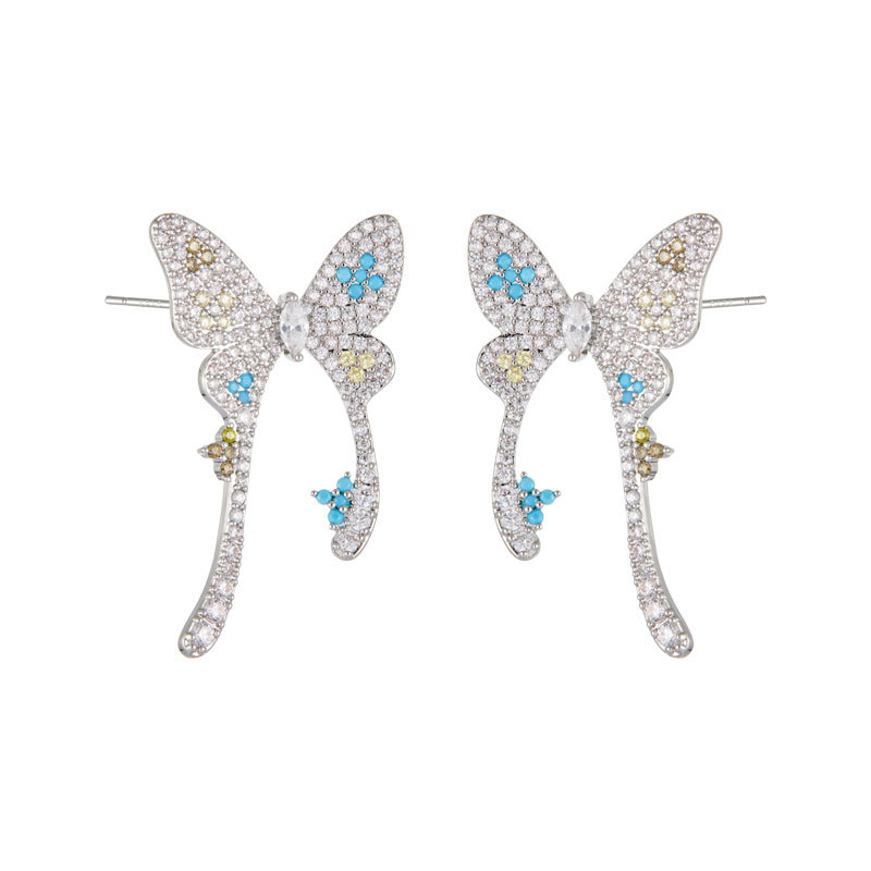 Elegant and high-end butterfly stud earrings, made of copper alloy with micro-inlaid zirconium s925 silver needles, are light luxury French long and exquisite earrings Item Picture