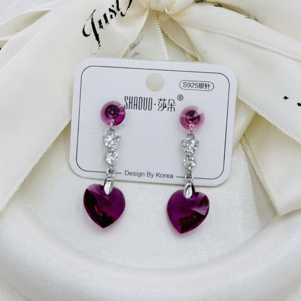 S925 Silver Needle Swarovski Crystal heart-shaped Earrings for Women, Korean style, colorful crystal long earrings, sweet earrings details Picture