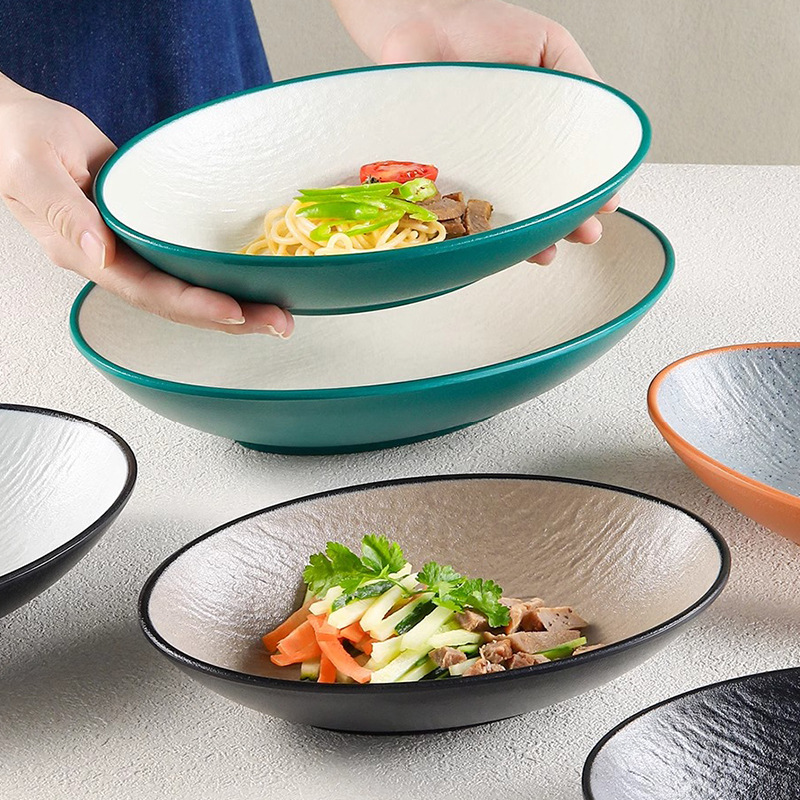 Retro melamine shaped oval deep plate, commercial imitation porcelain cold noodle bowl, salad bowl, boat-shaped plate, cheese-baked red summer bowl details Picture