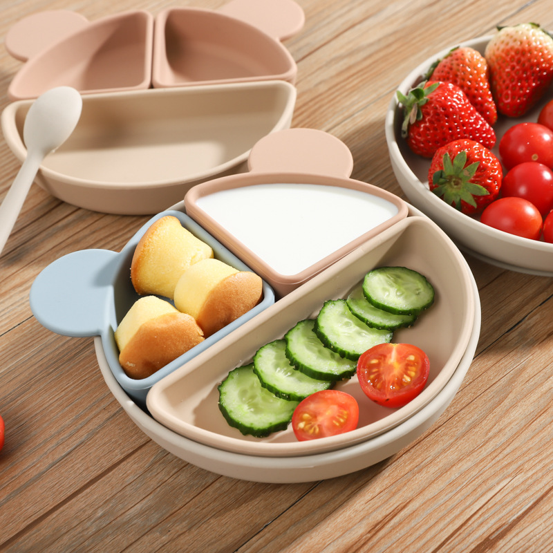 儿童卡通硅胶餐盘婴幼儿喂养餐具套装宝宝辅食分格熊餐盘硅胶餐盘