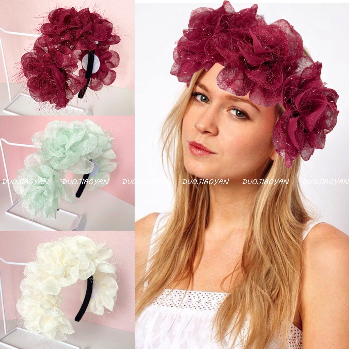 New European and American mesh rose headband, colorful Christmas carnival party headwear, fashionable large flower bride's hair accessory full figure