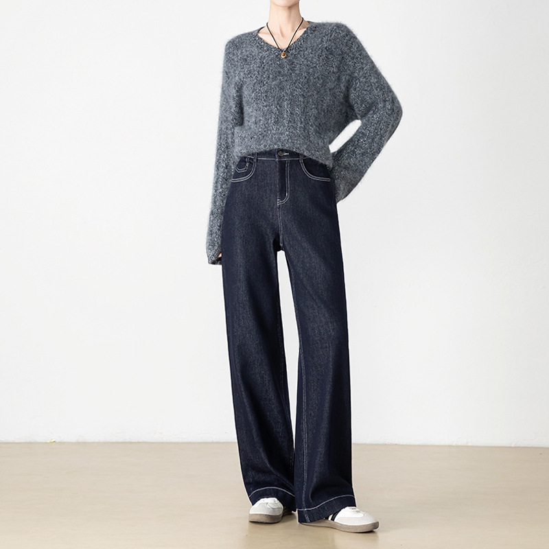 Retro fleece jeans for women's autumn and winter 2025 new high-waisted loose narrow light-colored straight-leg wide-leg pants Item Picture