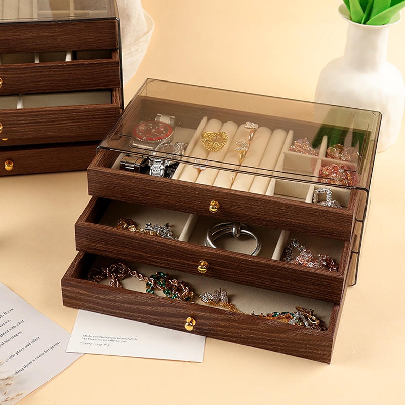 Walnut wood storage box, wood grain jewelry box, earrings, rings, necklaces, bracelets, desktop large-capacity multi-layer wooden storage box