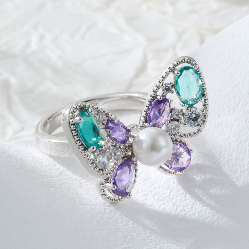 Dopamine purple-blue contrasting butterfly opening ring, copper alloy inlaid with zircon glass pearl adjustable exquisite ring
