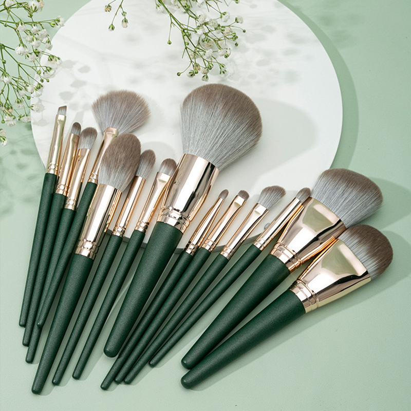 14pcs green cloud make-up brush set cangzhou suave lana polvo suelto sombra de ojos cepillo conjunto completo con PU rolls de almacenamiento de belleza portátil trabajador details Picture