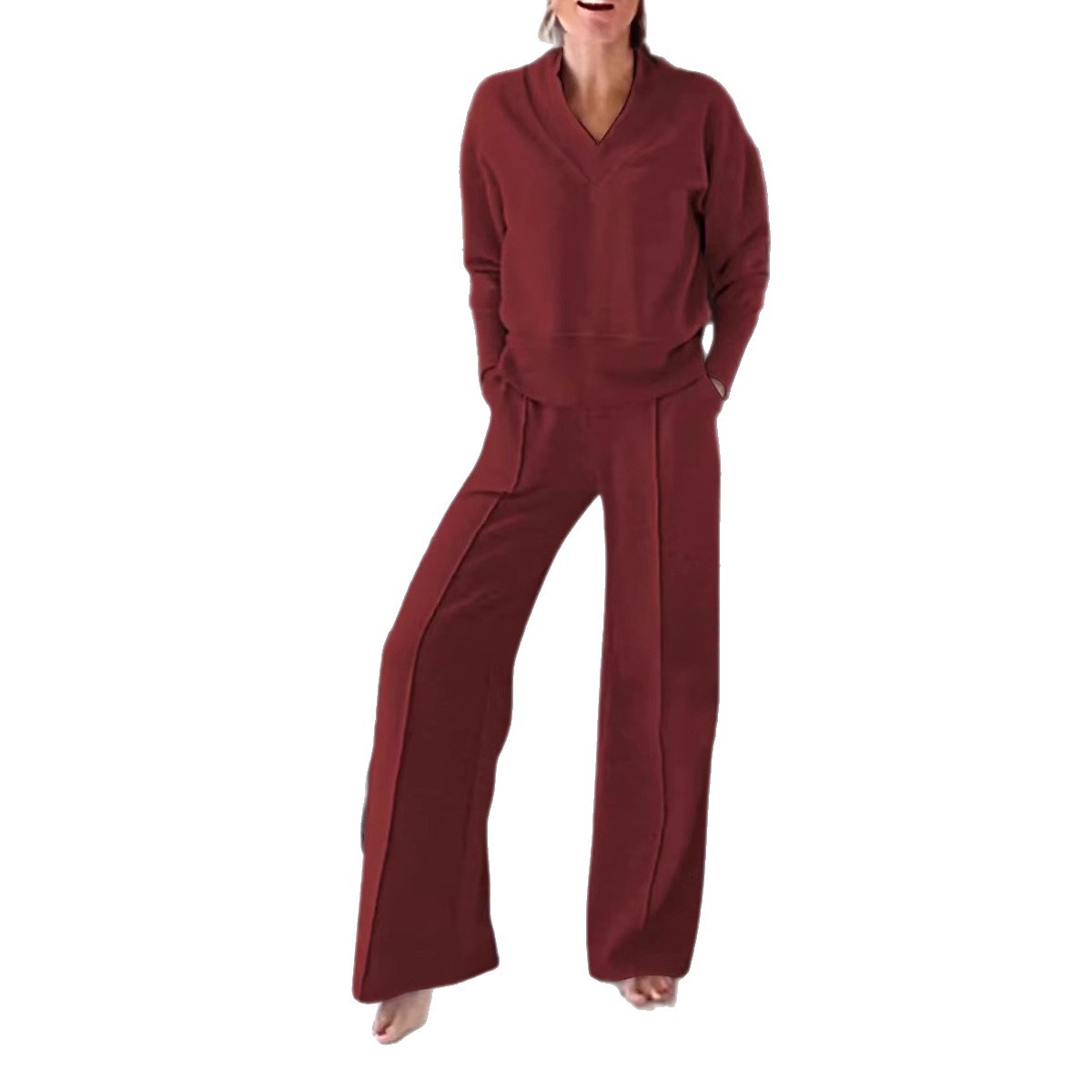 Amazon Cross-border new V-neck long-sleeved loose solid color women's fashion casual pants set for Autumn/Winter 2025 Item Picture
