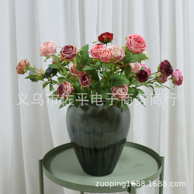 焦边玫瑰花火烤玫瑰仿真花高档客厅摆设家居装饰餐桌玄关摆件