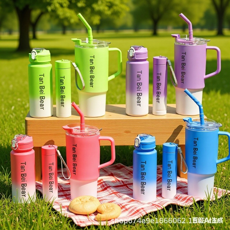 车载巨无霸冰霸杯三件套渐变色塑料杯便携手柄吸管汽车杯外贸爆款