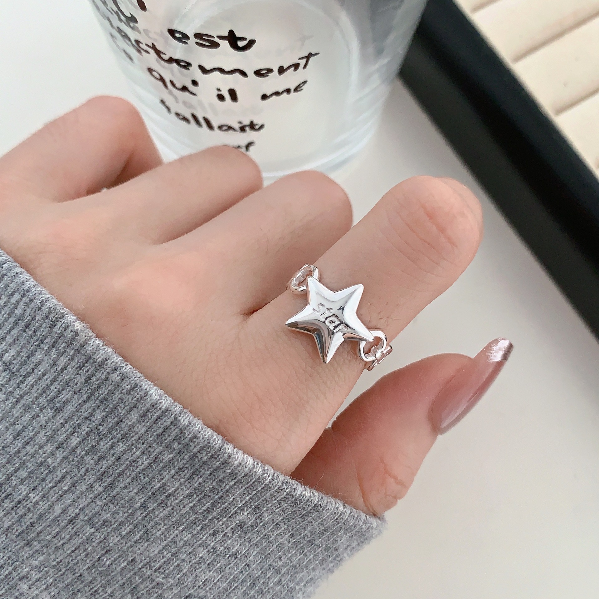 Korean version 12.9 full-body S925 sterling silver chain spliced five-pointed star open ring, women's Instagram niche design, cold style Specification image