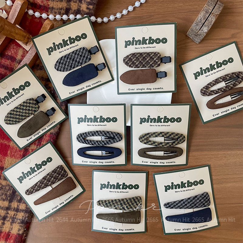 韩系简约毛呢发夹复古格纹侧边夹 日常通勤氛围感发夹秋冬气质pinkboo 复古格纹呢料发夹：棕蓝调简约款 通勤百搭秋冬质
