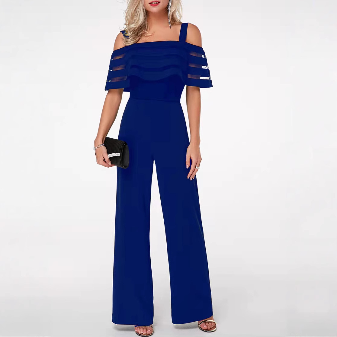 2025 European and American cross-border Amazon independent Station one-neck halter women's solid color combination receiving waist-shaped jumpsuit Application Scenario