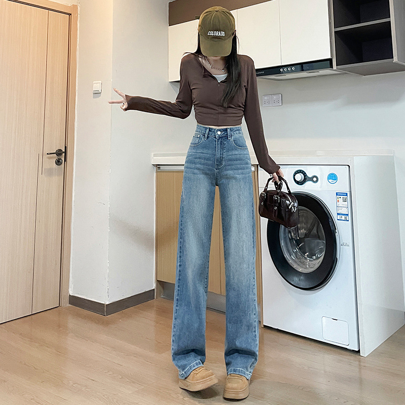直筒牛仔裤女2025年春秋高腰浅蓝窄版显瘦阔腿裤显高裤子
