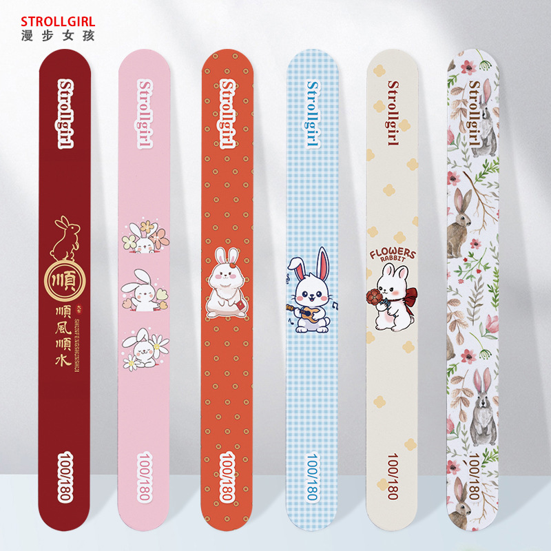 StrollGir卡通印花指甲锉直形兔子美甲搓条白砂锉修型打磨条双面